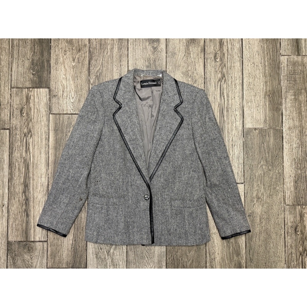 Vintage Louis Feraud Jacket Blazer Wool Blend Lined Sz 10 Gray And Black Trim